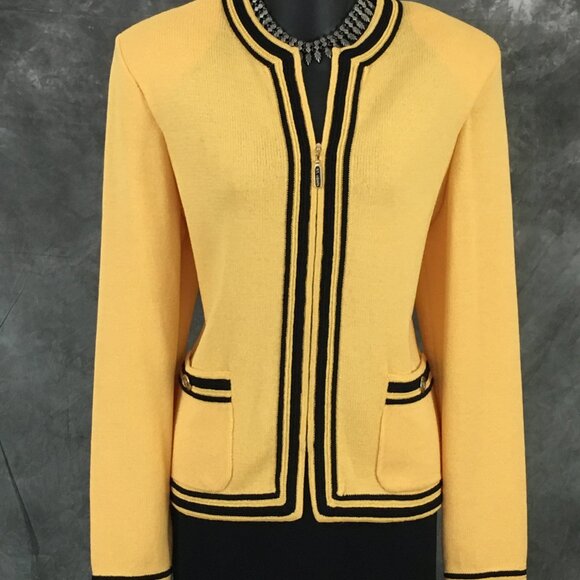 BEAUTIFUL St John collection knit yellow black jacket skirt suit size 8 10 - Picture 4 of 10